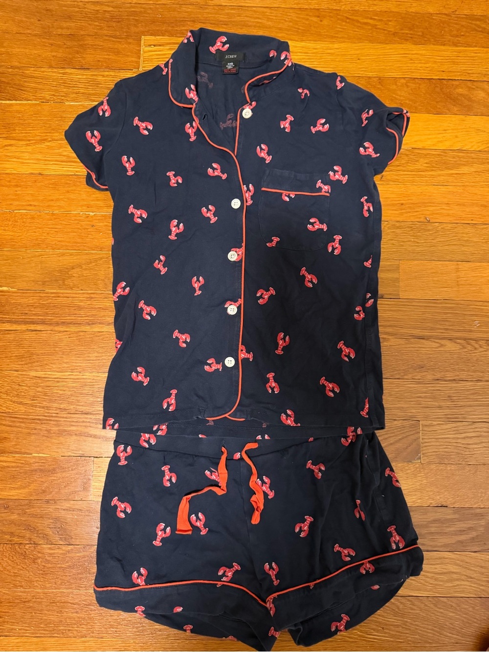 Navy Lobster Short Pajama Set with Coral Trim
